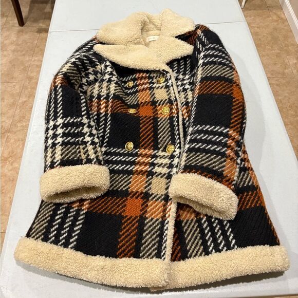 Tory Burch Plaid Shearling Blanket Madras Coat - Picture 3 of 9